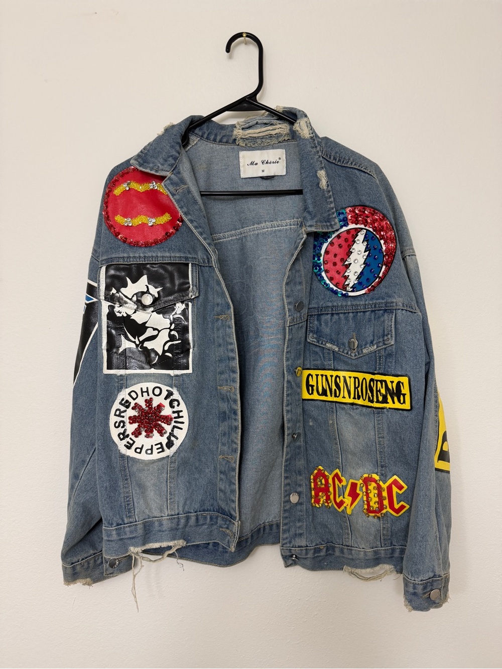 Denim Jean Jacket with Rock Band Patches - Blue